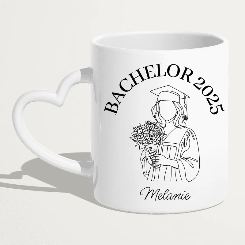 Personalisierte Tasse - Bachelor mit One-Line-Art Zeichnung mit Name und Jahr