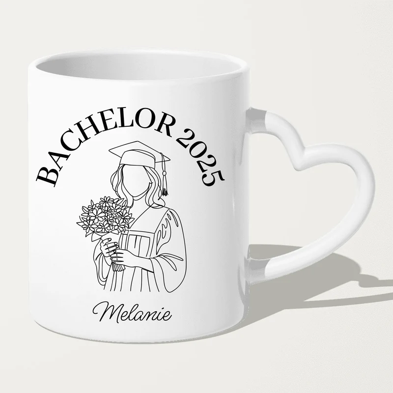Personalisierte Tasse - Bachelor mit One-Line-Art Zeichnung mit Name und Jahr