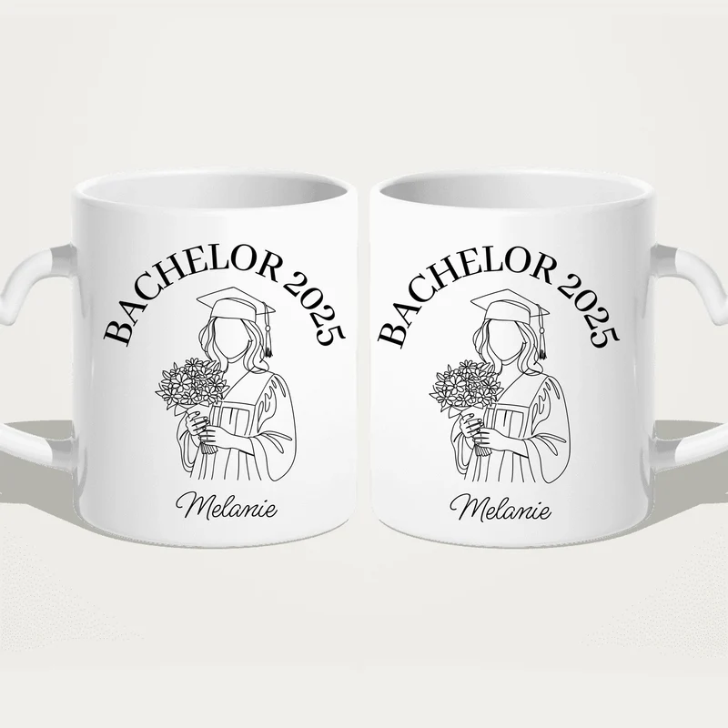 Personalisierte Tasse - Bachelor mit One-Line-Art Zeichnung mit Name und Jahr