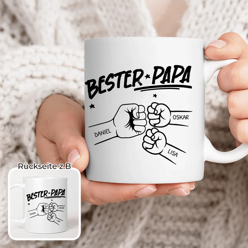 Personalisierte Tasse - Bester Papa Faustcheck/Fist Bump schwarz/weiß