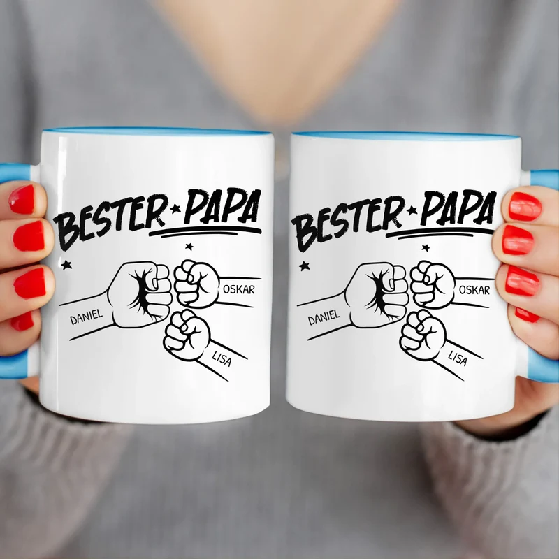 Personalisierte Tasse - Bester Papa Faustcheck/Fist Bump schwarz/weiß