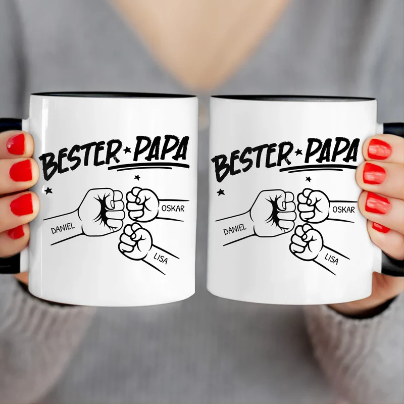 Personalisierte Tasse - Bester Papa Faustcheck/Fist Bump schwarz/weiß