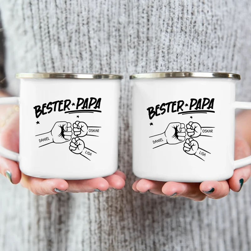 Personalisierte Tasse - Bester Papa Faustcheck/Fist Bump schwarz/weiß
