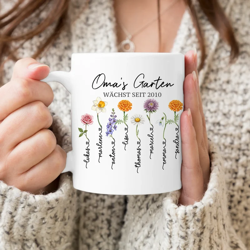 Personalisierte Tasse - Omas Garten mit 1-8 Blumen/Namen