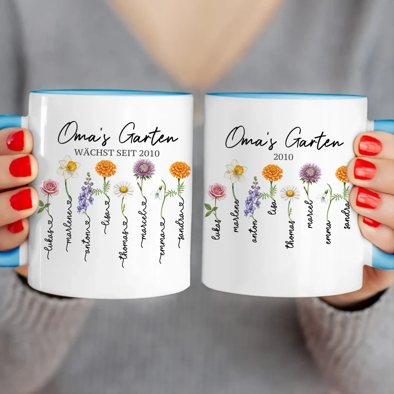 Personalisierte Tasse - Omas Garten mit 1-8 Blumen/Namen