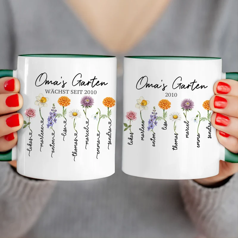 Personalisierte Tasse - Omas Garten mit 1-8 Blumen/Namen