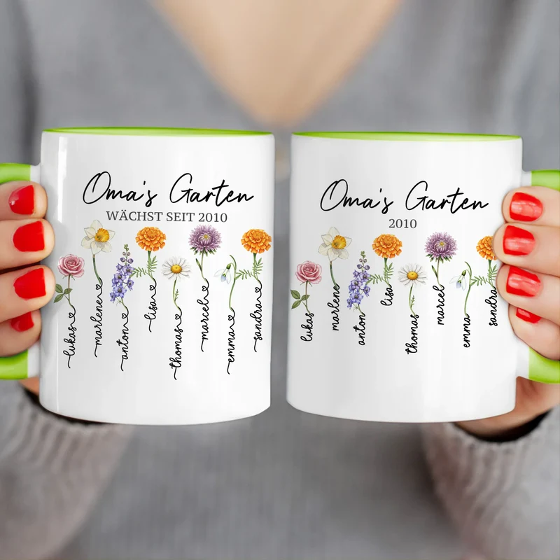 Personalisierte Tasse - Omas Garten mit 1-8 Blumen/Namen