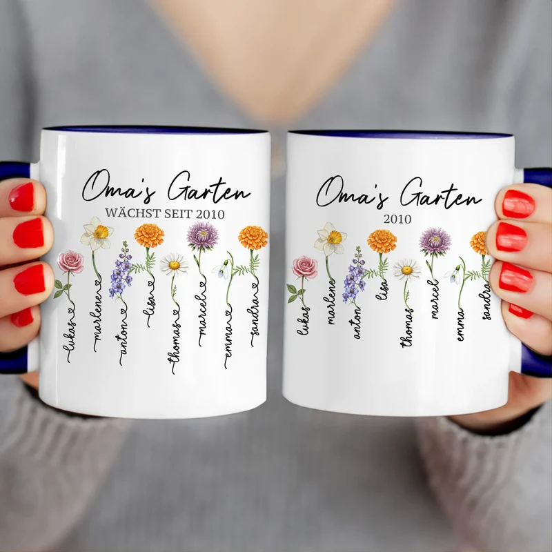 Personalisierte Tasse - Omas Garten mit 1-8 Blumen/Namen