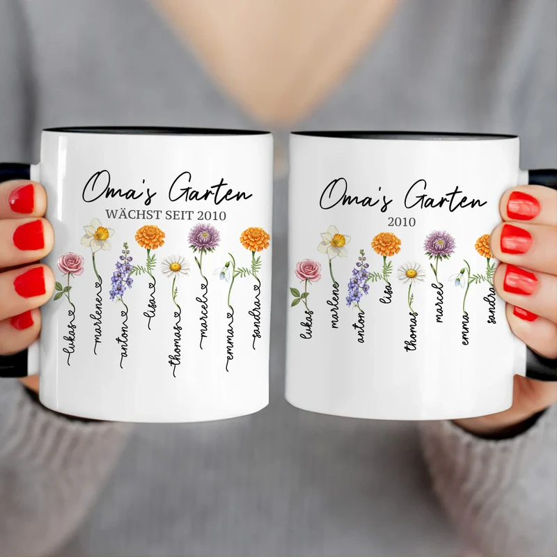 Personalisierte Tasse - Omas Garten mit 1-8 Blumen/Namen