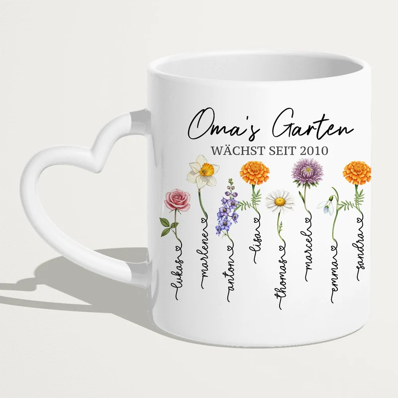 Personalisierte Tasse - Omas Garten mit 1-8 Blumen/Namen
