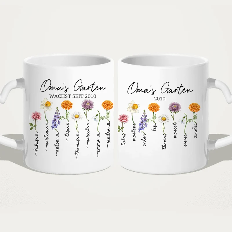 Personalisierte Tasse - Omas Garten mit 1-8 Blumen/Namen