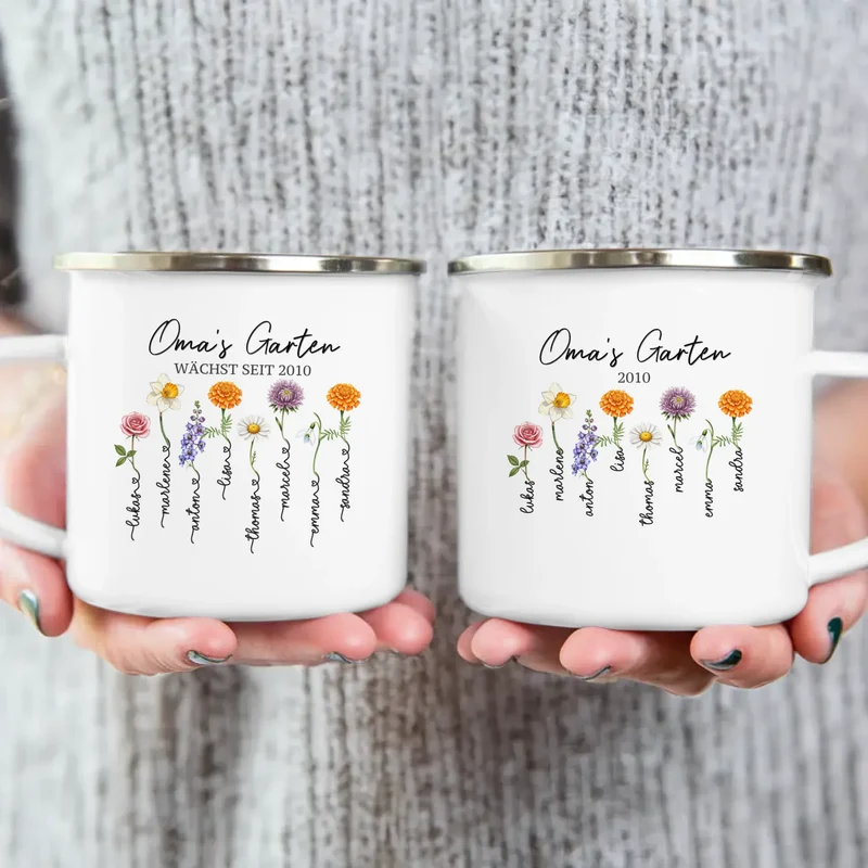 Personalisierte Tasse - Omas Garten mit 1-8 Blumen/Namen