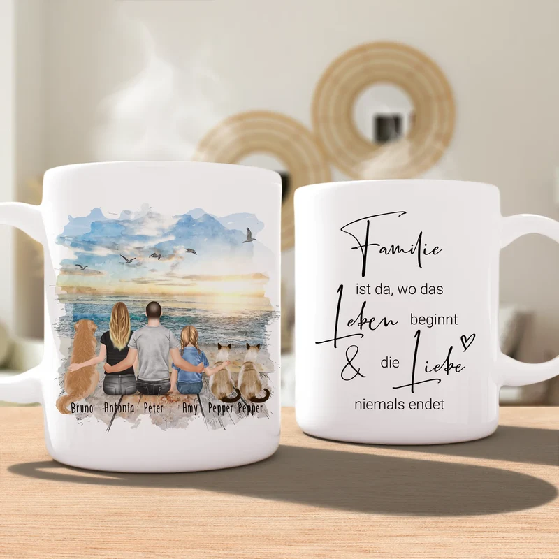 Personalisierte Tasse mit Familie + 1 Hund + 2 Katzen (1 Kind)