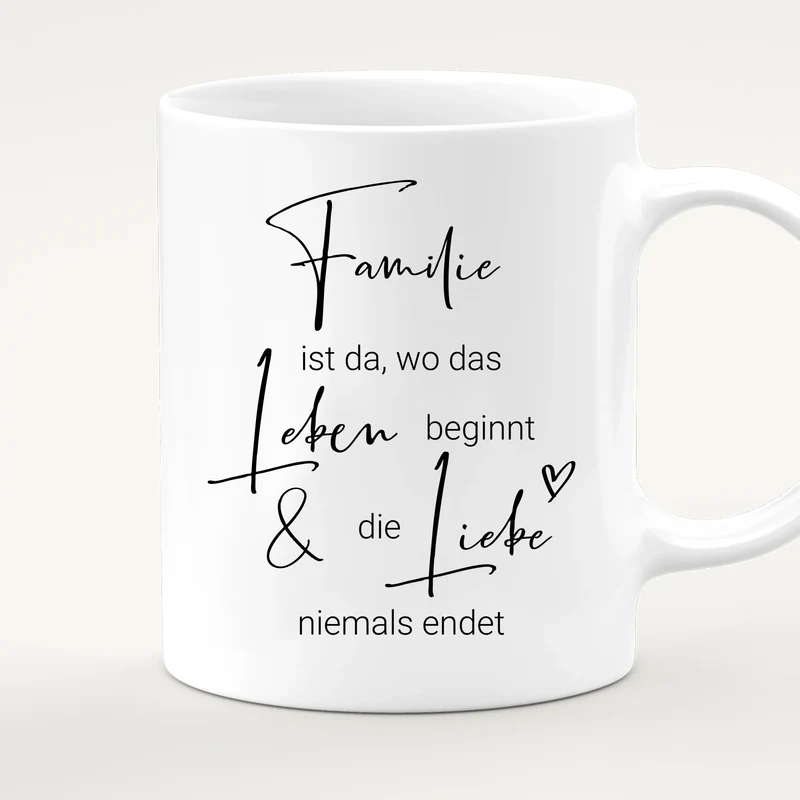 Personalisierte Tasse mit Familie + 1 Hund + 2 Katzen (1 Kind)