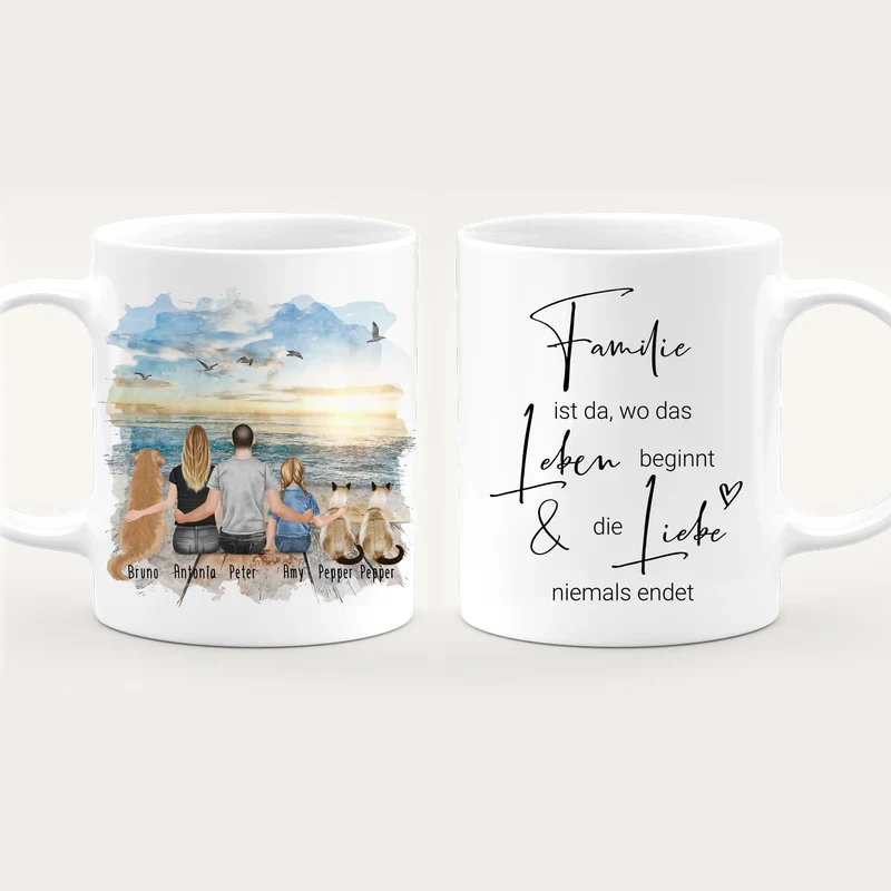 Personalisierte Tasse mit Familie + 1 Hund + 2 Katzen (1 Kind)