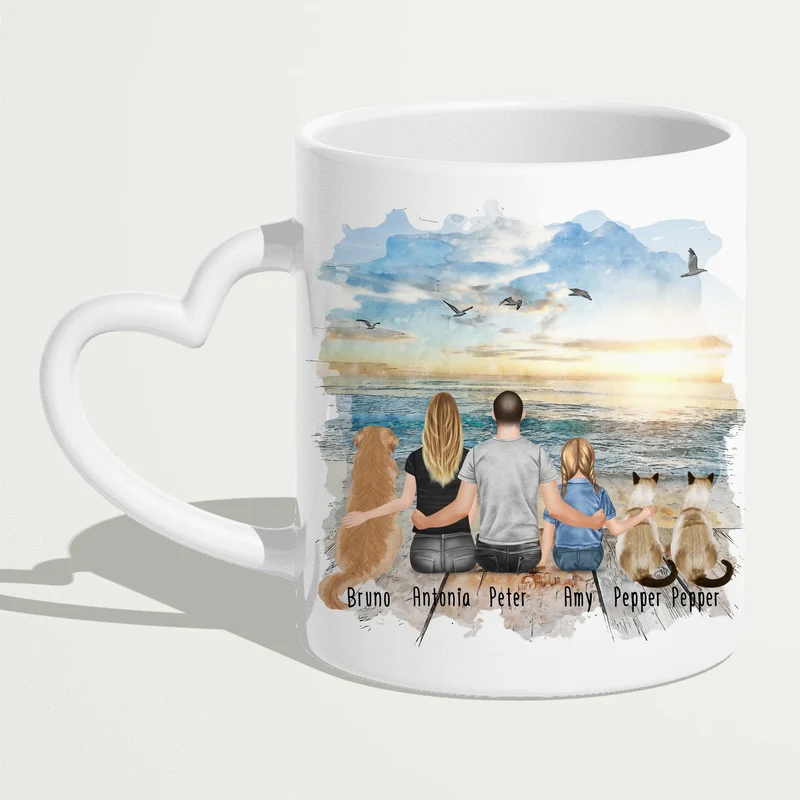 Personalisierte Tasse mit Familie + 1 Hund + 2 Katzen (1 Kind)