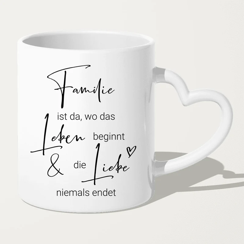 Personalisierte Tasse mit Familie + 1 Hund + 2 Katzen (1 Kind)