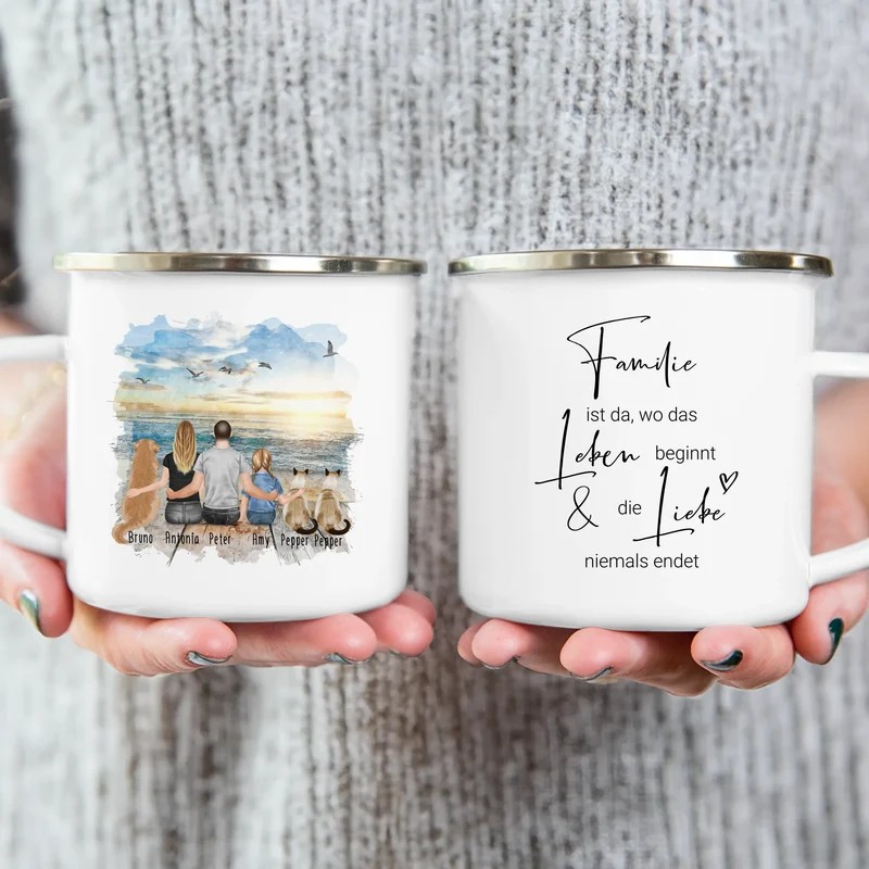 Personalisierte Tasse mit Familie + 1 Hund + 2 Katzen (1 Kind)