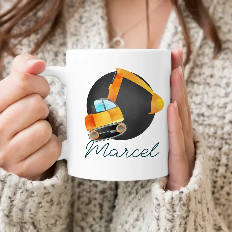 Personalisierte Kindertasse mit Bagger und Namen