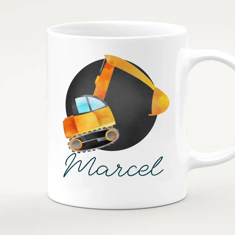 Personalisierte Kindertasse mit Bagger und Namen