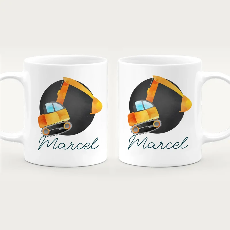 Personalisierte Kindertasse mit Bagger und Namen
