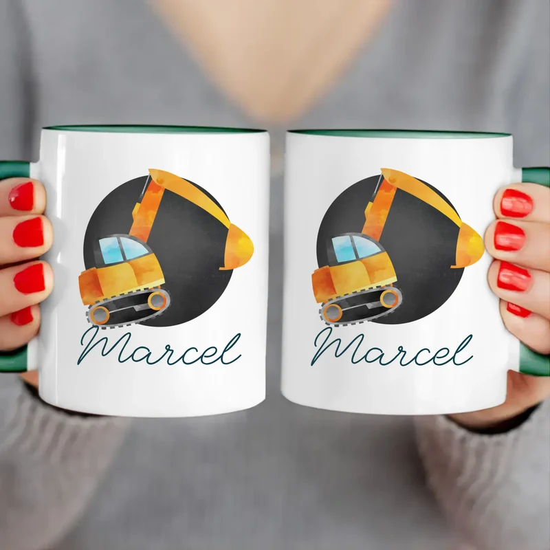 Personalisierte Kindertasse mit Bagger und Namen