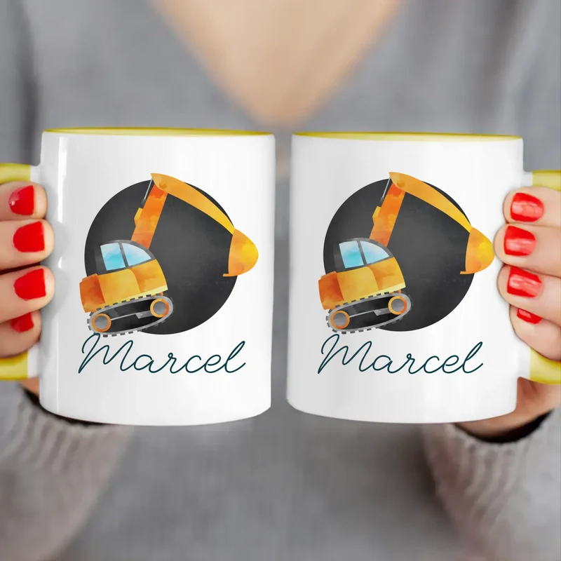 Personalisierte Kindertasse mit Bagger und Namen