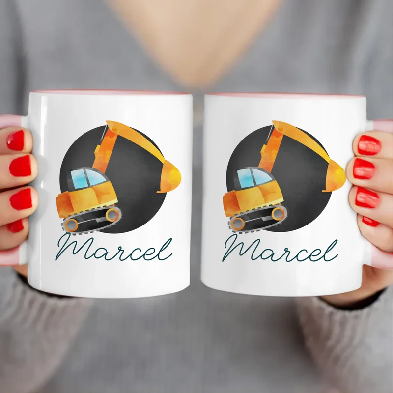 Personalisierte Kindertasse mit Bagger und Namen