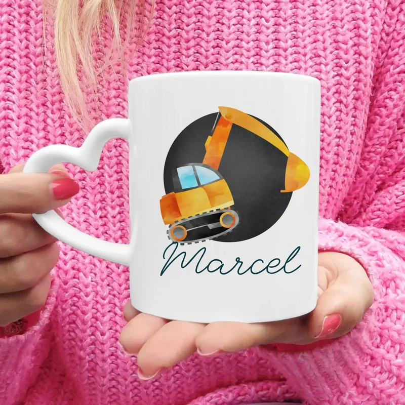 Personalisierte Kindertasse mit Bagger und Namen