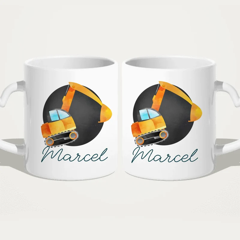 Personalisierte Kindertasse mit Bagger und Namen