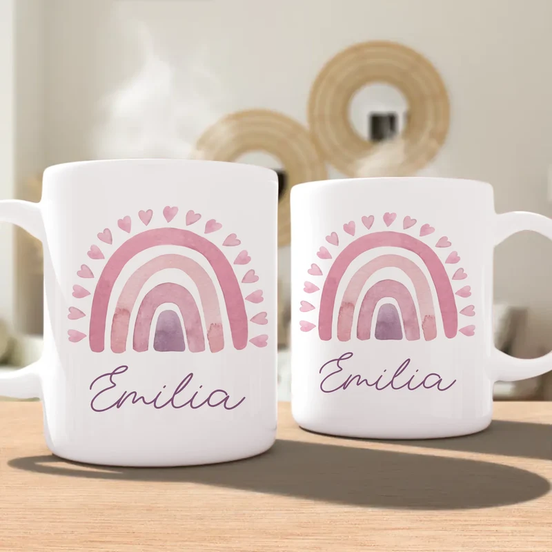Personalisierte Kindertasse mit Regenbogen und Namen