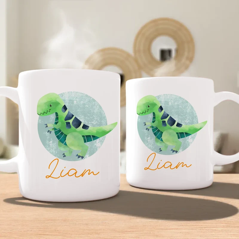 Personalisierte Kindertasse mit Dino und Namen