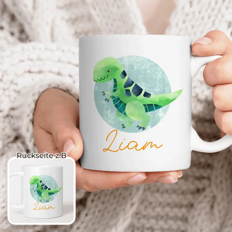 Personalisierte Kindertasse mit Dino und Namen