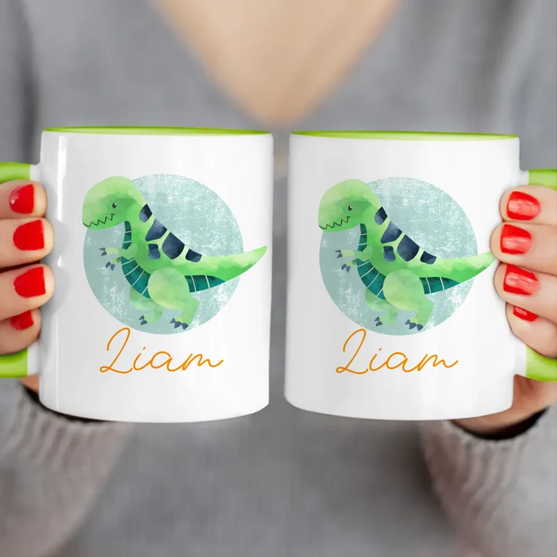 Personalisierte Kindertasse mit Dino und Namen