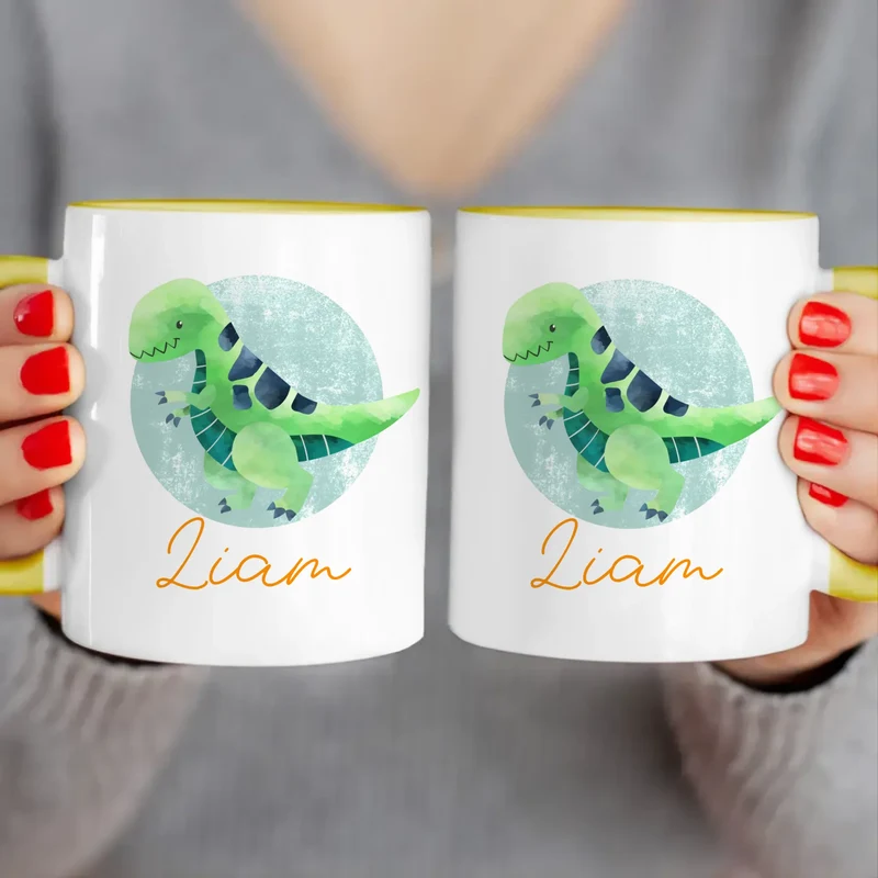 Personalisierte Kindertasse mit Dino und Namen