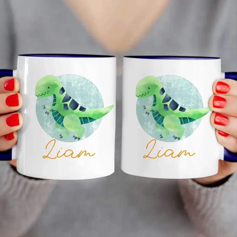 Personalisierte Kindertasse mit Dino und Namen