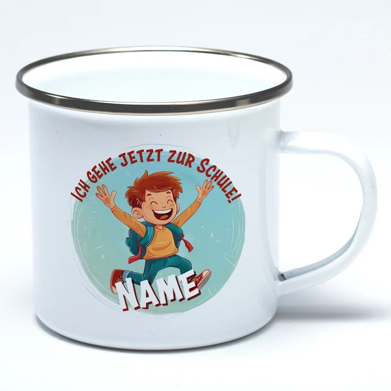 Emailletasse zur Einschulung Motiv Junge und Wunschname- Tolle Geschenkidee