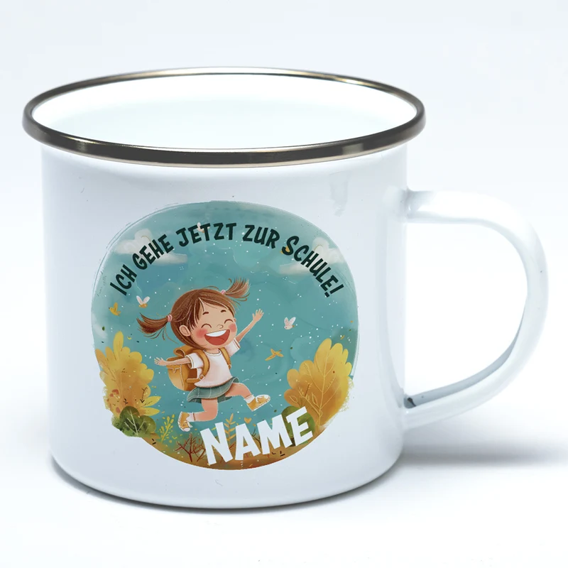 Emailletasse zur Einschulung Motiv Mädchen und Wunschname- Tolle Geschenkidee