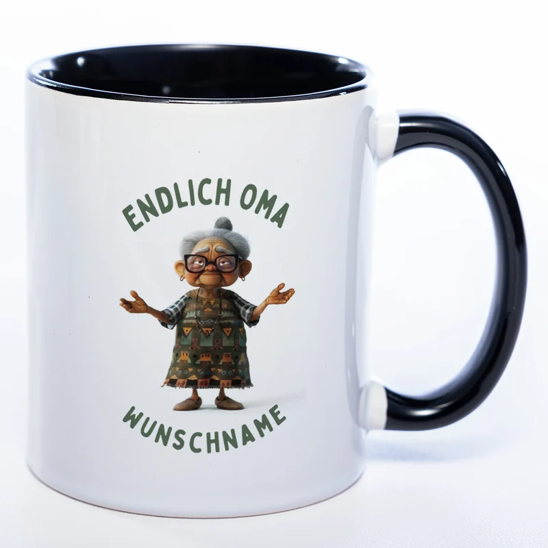 "Endlich Oma"-Tasse mit Wunschnamen - weitere Motive - spülmaschinenfest