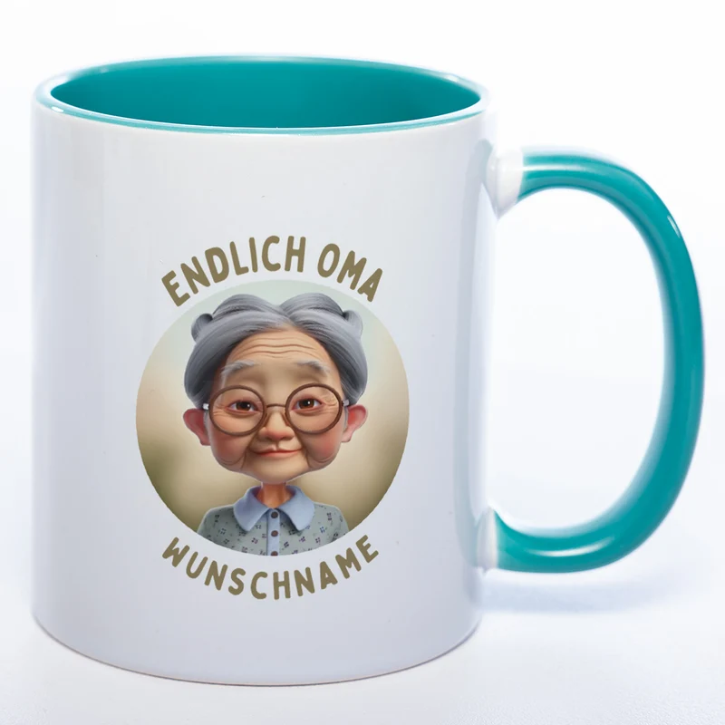 "Endlich Oma"-Tasse mit Wunschnamen - weitere Motive - spülmaschinenfest