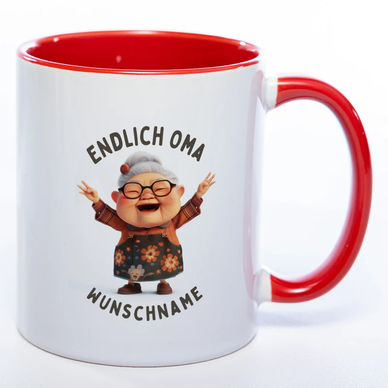 "Endlich Oma"-Tasse mit Wunschnamen - weitere Motive - spülmaschinenfest