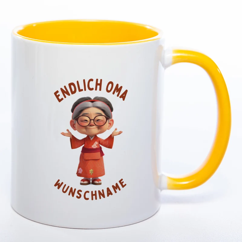 "Endlich Oma"-Tasse mit Wunschnamen - weitere Motive - spülmaschinenfest