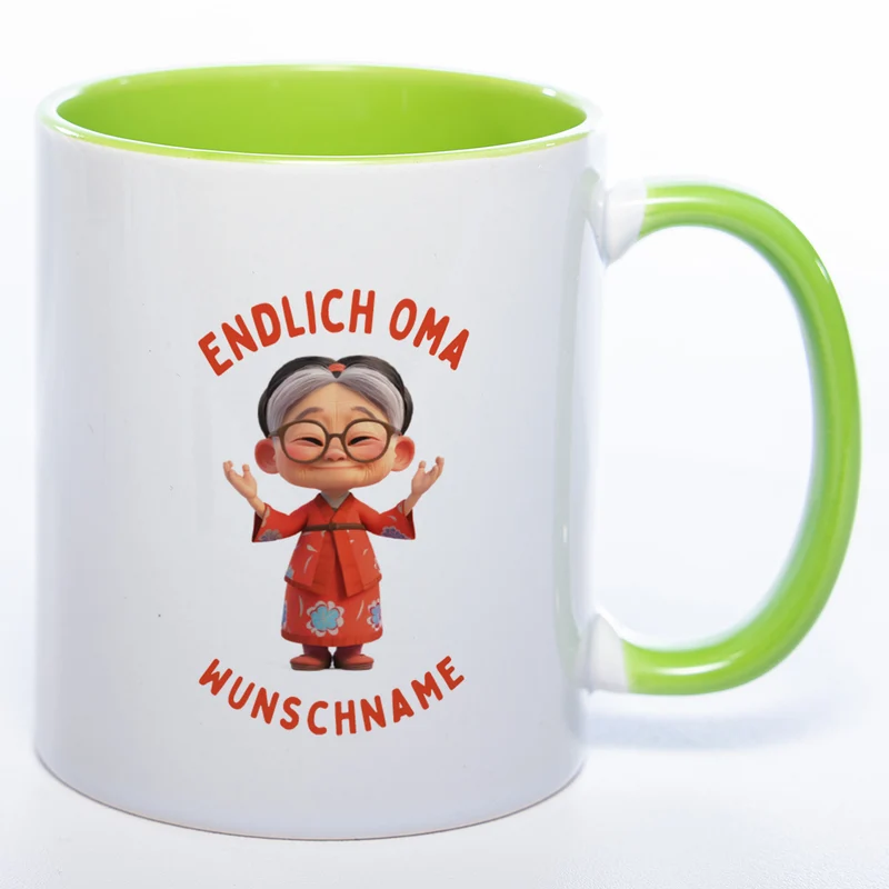 "Endlich Oma"-Tasse mit Wunschnamen - weitere Motive - spülmaschinenfest