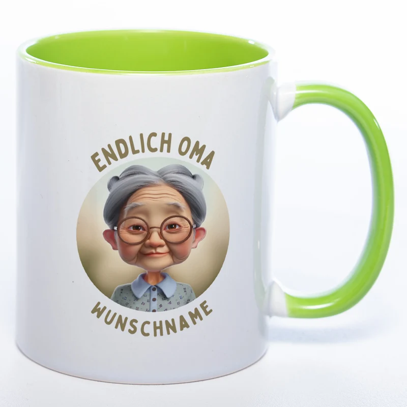 "Endlich Oma"-Tasse mit Wunschnamen - weitere Motive - spülmaschinenfest