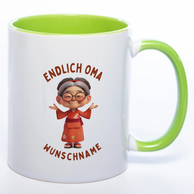 "Endlich Oma"-Tasse mit Wunschnamen - weitere Motive - spülmaschinenfest