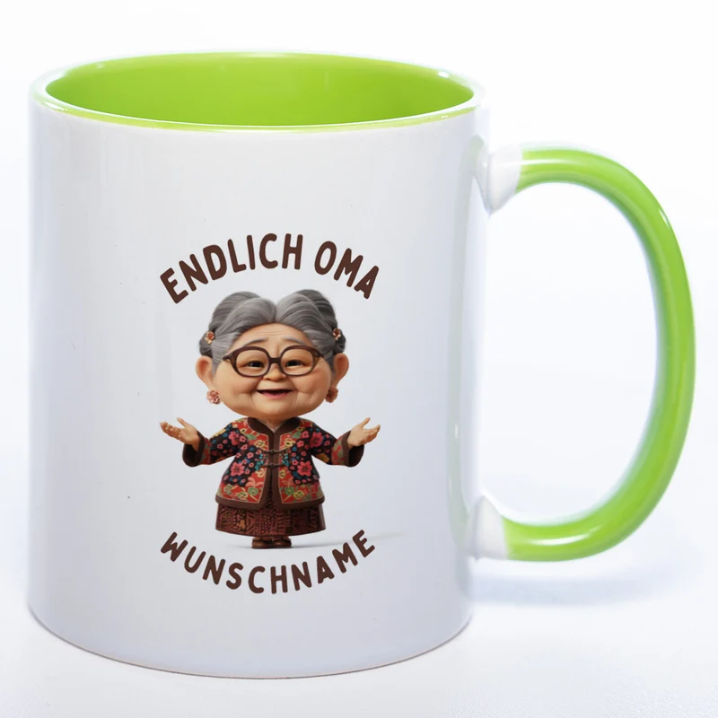 "Endlich Oma"-Tasse mit Wunschnamen - weitere Motive - spülmaschinenfest