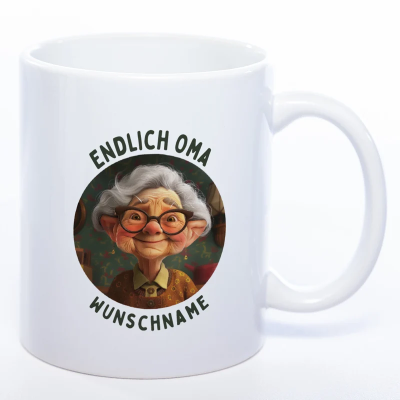 "Endlich Oma"-Tasse mit Wunschnamen - spülmaschinenfest