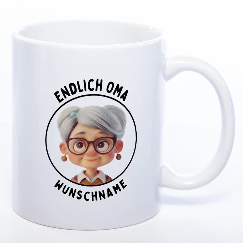 "Endlich Oma"-Tasse mit Wunschnamen - spülmaschinenfest