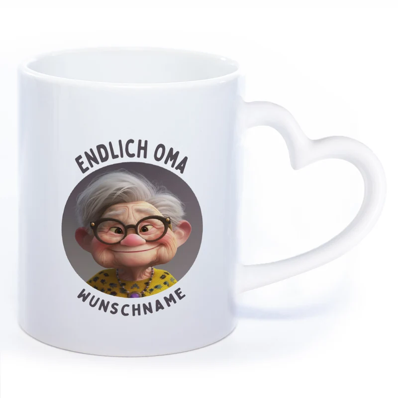 "Endlich Oma"-Tasse mit Wunschnamen - spülmaschinenfest