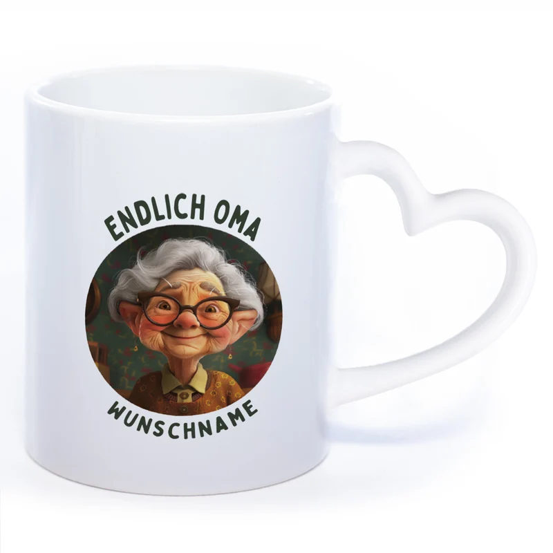 "Endlich Oma"-Tasse mit Wunschnamen - spülmaschinenfest